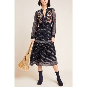 Anthropologie Maeve Cassidy Beaded Embroidered Midi Dress Lace Up Size 12